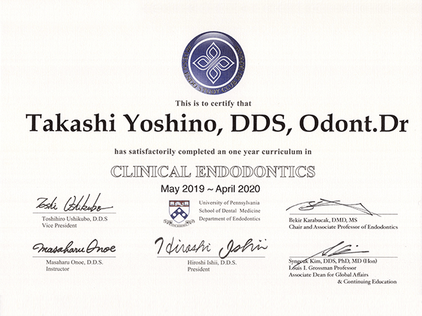 米国式歯内療法資格賞状1